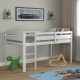 Low loft twin bed in white with guard rail and ladder, perfect for kids' rooms and maximizing floor space.