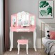 Kids pink vanity table and stool set with tri-folding mirror, drawer, and star patterns, perfect for play or study.