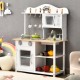 Wooden pretend play kitchen set for kids featuring an oven, sink, and stove, perfect for imaginative role-playing.