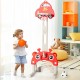 3-in-1 adjustable height basketball hoop playset in red for kids, includes football, basketball, and rings for fun.