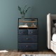 4-drawer free standing storage dresser with rustic brown finish and 2 open shelves, ideal for bedroom or living room.