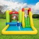 Inflatable bounce house water slide with climbing wall and splash pool, perfect for outdoor fun and exercise for kids.
