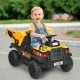 Kids ride-on dump truck in yellow with electric bucket, remote control, and LED lights for fun outdoor play.