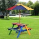 Colorful 4-seat kids picnic table with umbrella made of eco-friendly fir wood, perfect for outdoor meals and play.