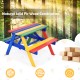 Detail view of the sturdy natural fir wood construction of the colorful kids picnic table, ideal for safe outdoor play.