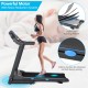 Folding electric treadmill with a 2.25 HP motor, blue backlit LCD display, and multi-layer running platform for home.