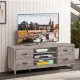 Retro wooden TV stand showcasing a wide tabletop for flat screen TVs up to 65", complemented by 4 spacious drawers.