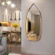 Modern 30-inch rectangle wall mirror with bamboo frame and adjustable leather strap, perfect for any room decor.