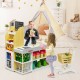 Kids wooden grocery store playset with checkout counter and shopping cart, perfect for imaginative supermarket fun.