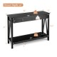Black console table with 2 drawers and open shelf, made of painted MDF and solid wood, ideal for entryway or living.