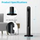 42-inch black tower fan with remote control, 80° oscillation, and smart display, perfect for home or office use.
