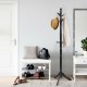 Black adjustable free-standing wooden coat rack with 9 hooks, perfect for entryways and compact spaces.