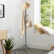 Gray adjustable wooden coat rack with 8 hooks and tri-legged base, designed for easy organization in entryways or.