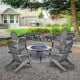Gray outdoor Adirondack chairs with built-in cup holders arranged around a fire pit, ideal for backyard gatherings.