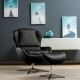 Black 360° swivel leather lounge chair with ottoman, featuring a sturdy aluminum base for versatile living space decor.