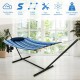 Hammock chair stand set with blue striped cotton fabric, stable steel frame, and pillow, perfect for indoor or outdoor.