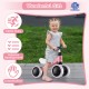 Baby balance bike in pink for toddlers, featuring 4 wheels, soft seat, and anti-slip handlebars for safe riding.