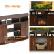 Walnut 63-inch TV entertainment console with removable shelf for 18" electric fireplace and ample storage space.
