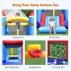 Inflatable bounce house featuring a jumping area, ball pit, basketball hoop, and smooth slide for outdoor fun.