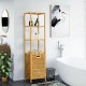 Bamboo tower hamper organizer with 3-tier storage shelves, featuring a natural finish for bathroom or laundry room use.