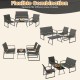4-piece gray outdoor patio furniture set featuring a loveseat, two armchairs, and a coffee table for versatile layouts.