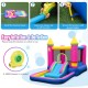 Princess-themed inflatable bounce house with slide, basketball hoop, and ball pit for kids' outdoor fun and safety.