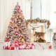 7 ft artificial Christmas tree with white flocking, LED lights, and pine cones, perfect for festive home decor.