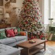 7 ft artificial Christmas tree with white flocking, pine cones, and colorful LED lights, perfect for festive home decor.