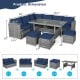Dimension chart of the 7-piece patio rattan dining set with navy cushions, showcasing sizes of all components for.