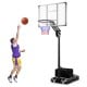 Basketball player shooting at the adjustable hoop with shatterproof backboard, designed for indoor and outdoor use.