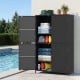 4-door black rattan vertical storage shed with adjustable shelves, ideal for poolside organization and outdoor use.