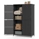 Adjustable shelves inside the black rattan vertical storage shed, perfect for organizing items in outdoor spaces.