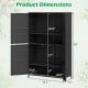 4-door black rattan vertical storage shed with adjustable shelves, measuring 35.5" x 16" x 58", ideal for outdoor use.