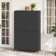 4-door black rattan vertical storage shed with adjustable shelves, ideal for gardens and outdoor spaces.