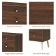 Close-up of the 4-drawer dresser cabinet showcasing natural wood grain veneer and solid rubber wood legs for stable.