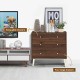 4-drawer dresser cabinet in brown with rubber legs, featuring easy-glide drawers for living room or bedroom storage.