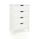 4-drawer white wooden dresser with minimalist design, anti-tipping kits, and cut-out handles for versatile storage.