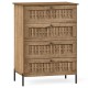 4-drawer dresser in oak with rattan-textured fronts and metal legs, perfect for stylish bedroom storage.