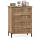 4-drawer dresser in oak with rattan-textured fronts and metal legs, ideal for bedroom or living room storage.