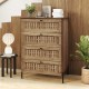 4-drawer dresser in oak with rattan-textured fronts and metal legs, ideal for stylish bedroom storage.