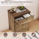4-drawer dresser in oak with rattan-textured fronts, featuring spacious storage and metal legs for bedroom or living.