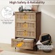 4-drawer dresser in oak with rattan-textured fronts, featuring interlocking mechanism and metal legs for bedroom safety.