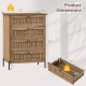 4-drawer dresser with oak wood grain finish, rattan-textured fronts, and metal legs, ideal for bedroom storage.