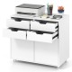 4-drawer white file cabinet on wheels with spacious countertop and lockable wheels for home office organization.