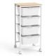4-drawer rolling storage cart with a wooden tabletop, white drawers, and lockable wheels for versatile organization.