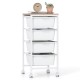 4-drawer rolling storage cart with white drawers and wooden tabletop, ideal for organizing office supplies or crafts.