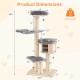 Product dimensions of the 68.5-inch wooden cat tree condo with sisal posts, featuring cozy plush layers and stable.