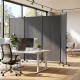 Four-panel gray folding privacy screen room divider with wheels, ideal for flexible space arrangements and enhanced privacy.