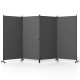 Four-panel gray folding privacy screen room divider with wheels, ideal for living rooms and bedrooms, offers enhanced privacy.