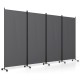 Four-panel gray folding privacy screen room divider with wheels, ideal for versatile use in living spaces and restaurants.
